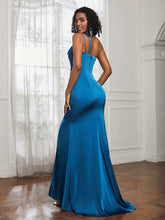 One Shoulder Backless Pleated Dress With Slit Ocean Blue