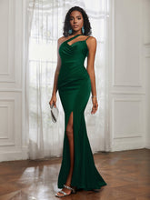 One Shoulder Backless Pleated Dress With Slit Dark Green