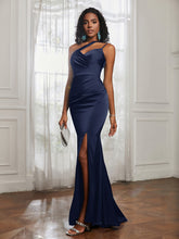 One Shoulder Backless Pleated Dress With Slit Dark Navy