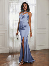 One Shoulder Backless Pleated Dress With Slit Dusty Blue
