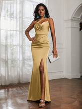 One Shoulder Backless Pleated Dress With Slit Gold
