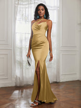One Shoulder Backless Pleated Dress With Slit Gold