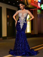Illusion Neck Rhinestones Glitter Sequin Mermaid Dress Royal Blue