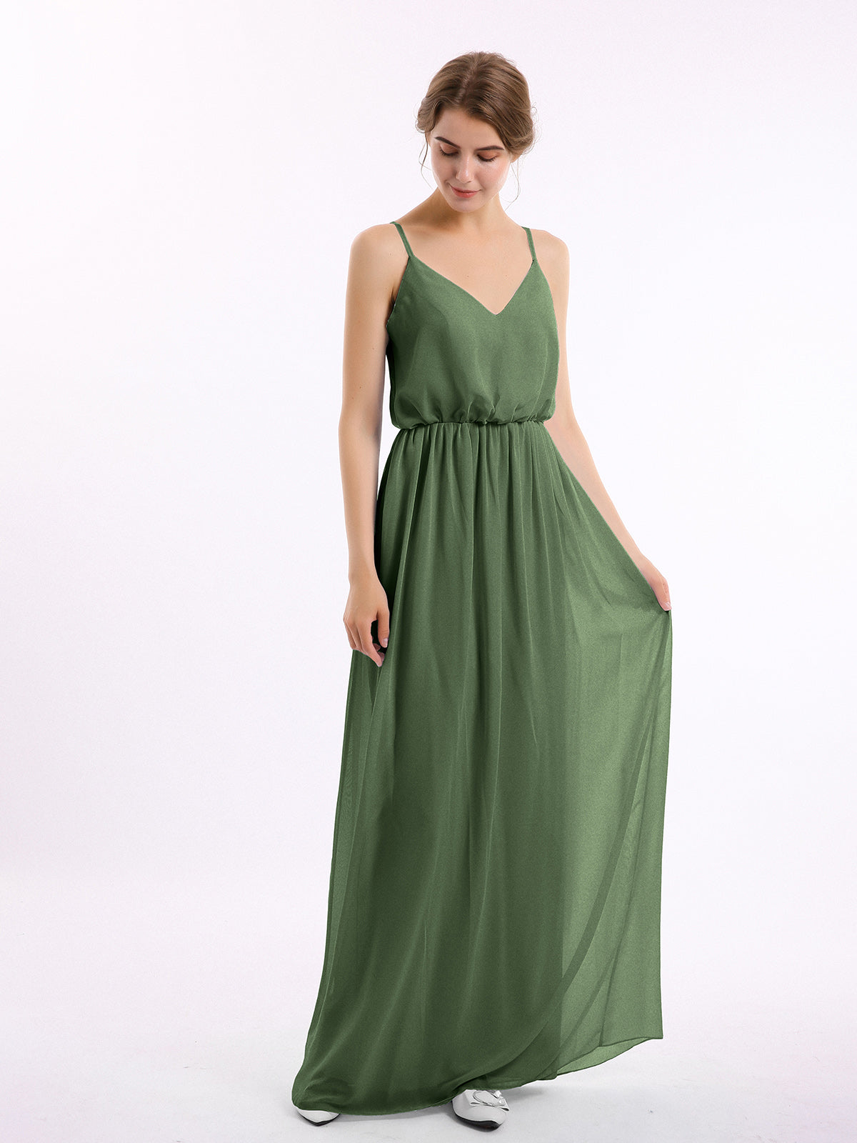 V-Neck A-Line Floor Length Chiffon Ruffle Dresses Olive Green
