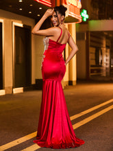 Spaghetti Strap Rhinestones Satin Mermaid Dress Burgundy