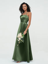 Spaghetti Straps Pleated Bodice Satin Gowns Olive Green