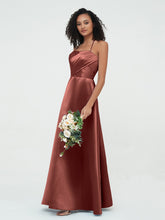 Spaghetti Straps Pleated Bodice Satin Gowns-Terracotta