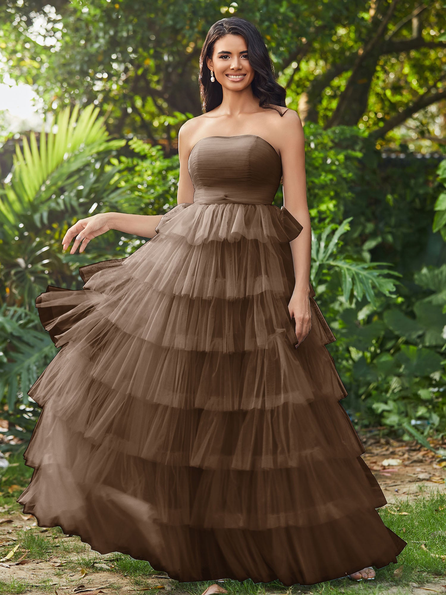BABARONI Tulle Brown Prom Dresses A-line Strapless Pleated Ruffle Floor