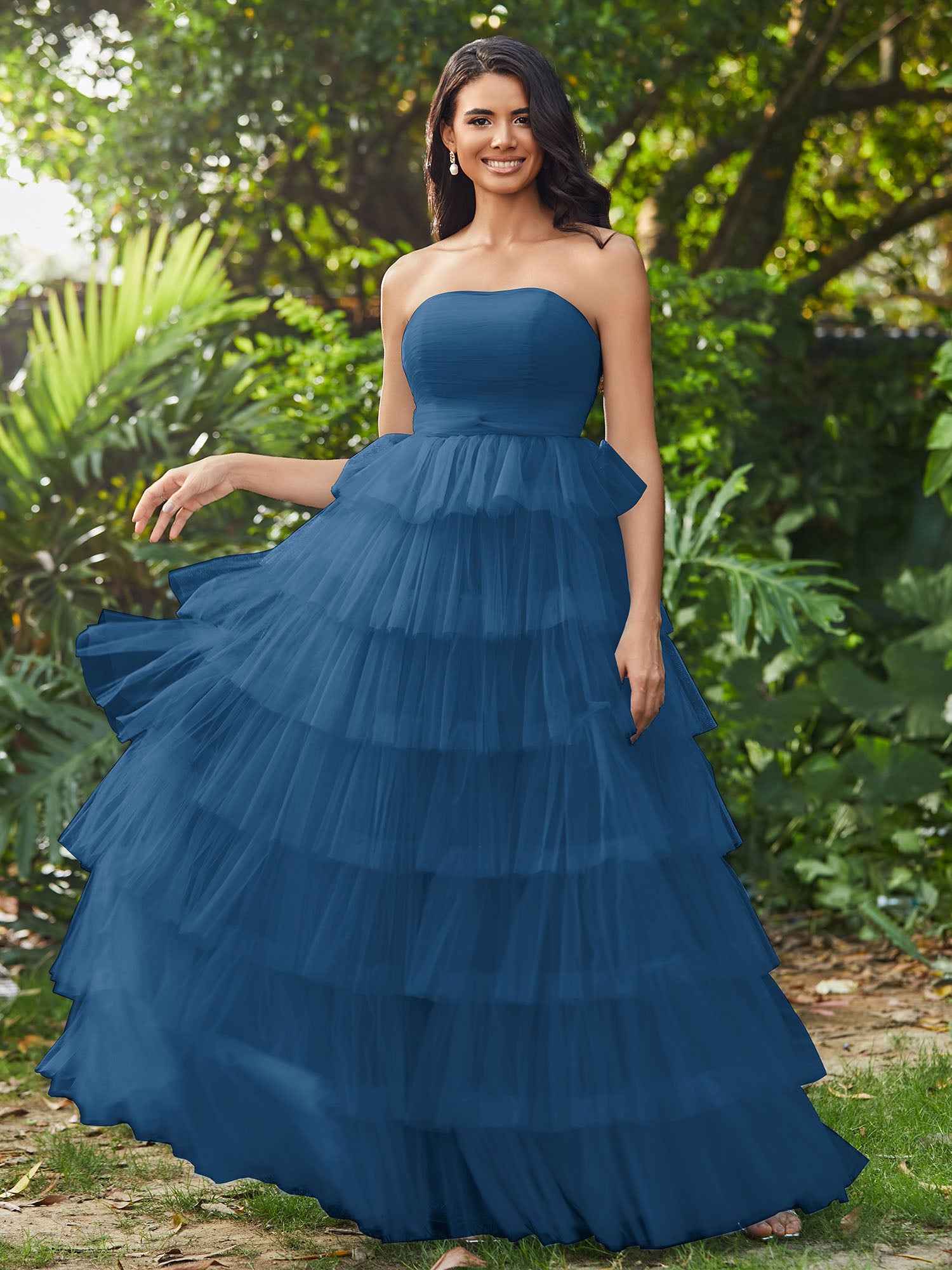 A Line Strapless Blue Tiered Organza Long Prom Dress