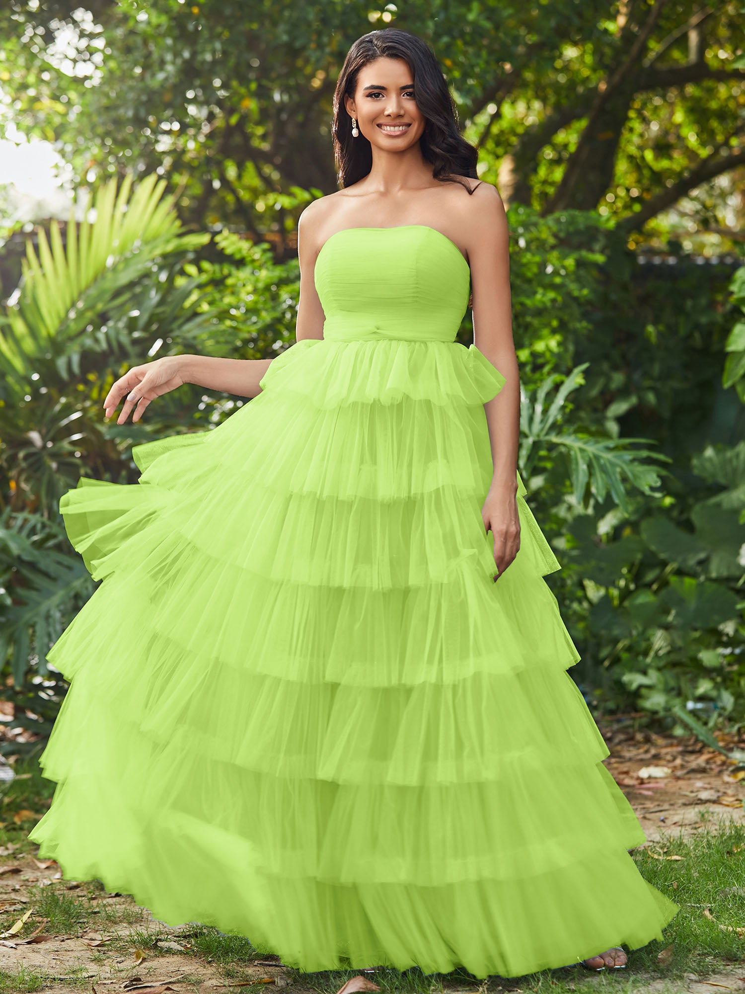 BABARONI BABARONI Tulle Lime Green Prom Dresses A-line Strapless Pleated Ruffle Floor-length, Lime Green / US0 BABARONI BABARONI Tulle Lime Green Prom Dresses A-line Strapless Pleated Ruffle Floor-length, Lime Green / US0