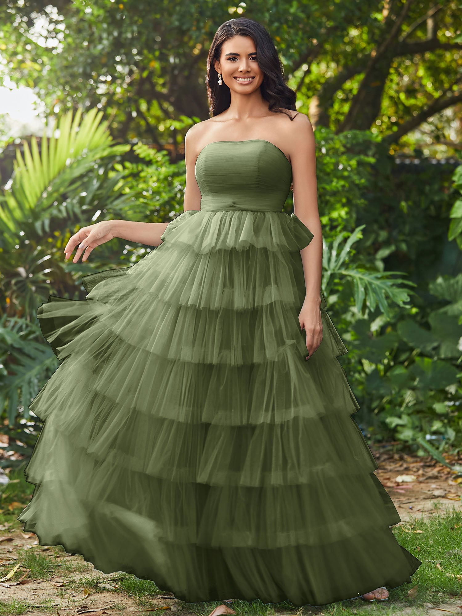 BABARONI Tulle Olive Green Prom Dresses A-line Strapless Pleated Ruffle