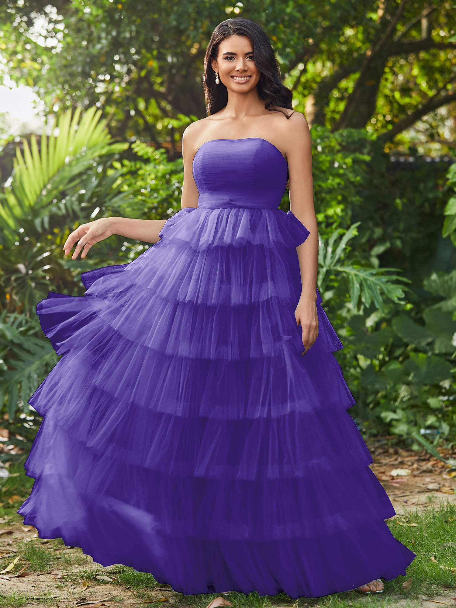 A-Line/Princess Tiered Strapless Floor Length Prom Dresses with Bows