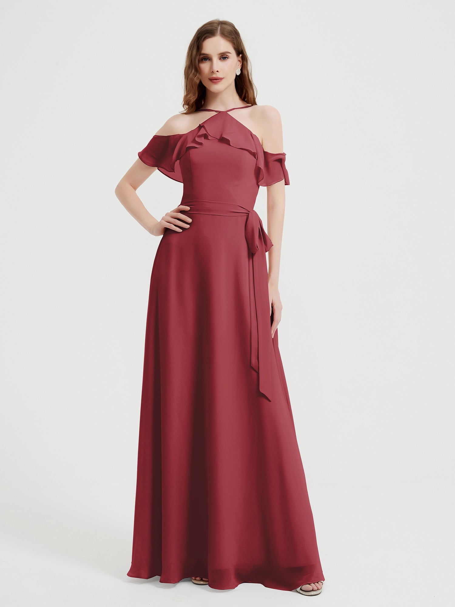 V-neck Cap Sleeves Chiffon Bridesmaid Dresses Cinnamon Rose main image 1