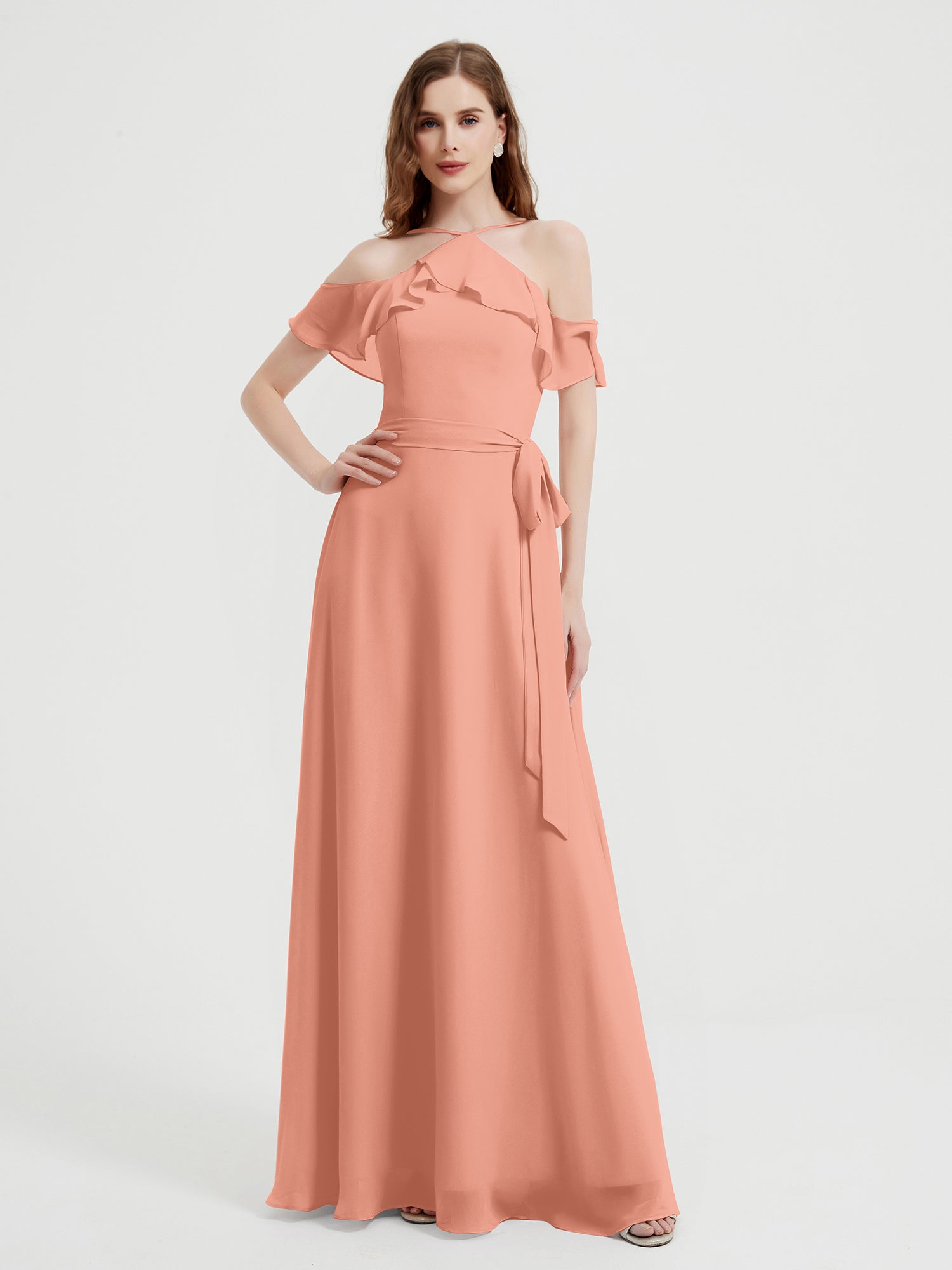 One FLUTTER SLEEVE Long Chiffon Dresses Papaya