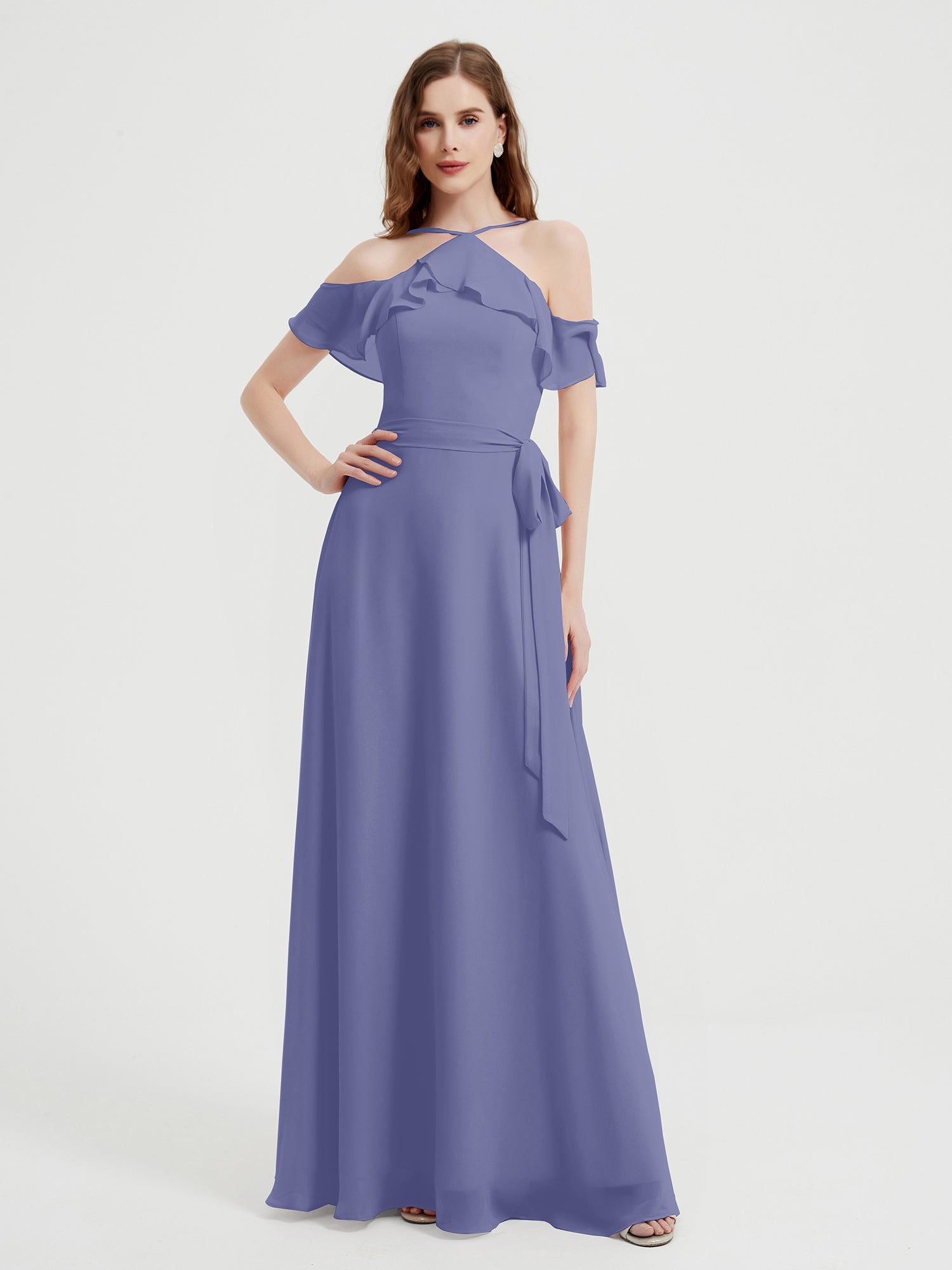 BABARONI Chiffon Periwinkle Bridesmaid Dresses Halter Floor-length