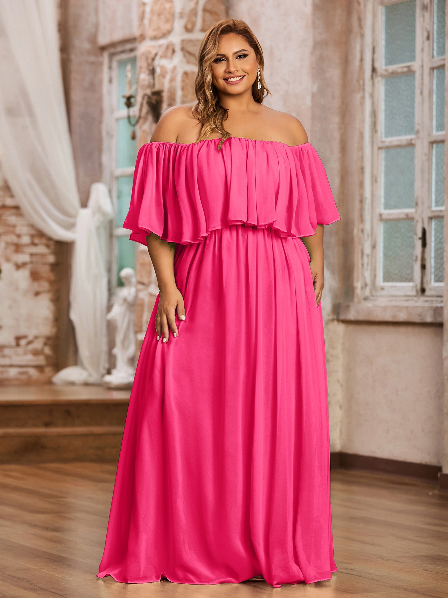 Off the Shoulder Long Chiffon Dresses Daffodil Plus Size