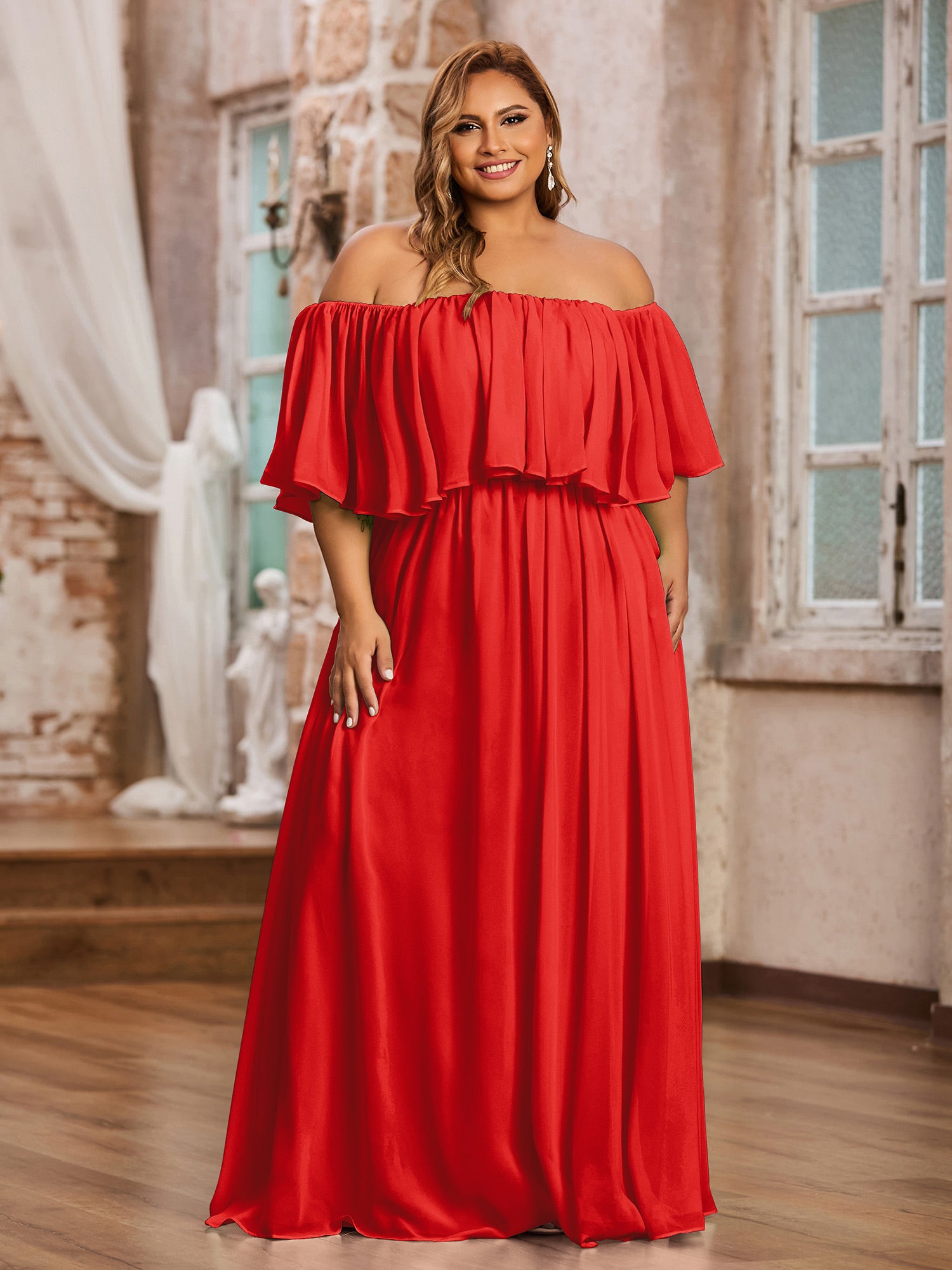 Off the Shoulder Sweetheart Prom Dress Red Plus Size main image 1