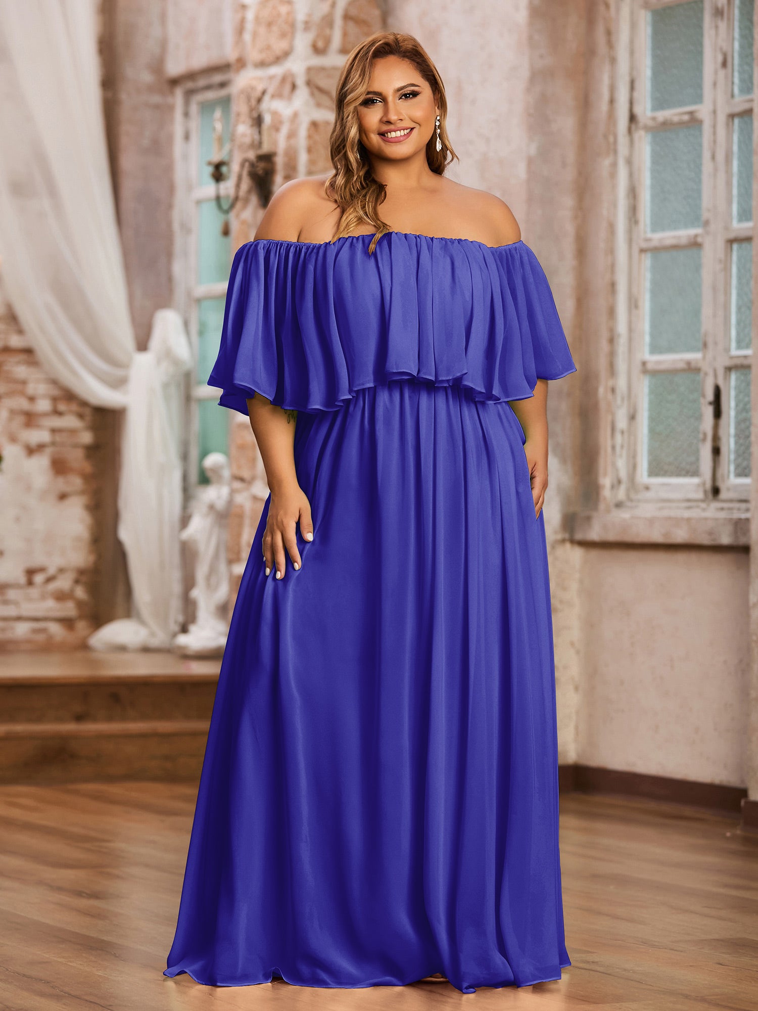 Spaghetti Strap CHIffon Long Dresses Royal Blue Plus Size main image 1