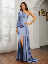 Sheath/Column One Shoulder Satin Prom Dress Dusty Blue