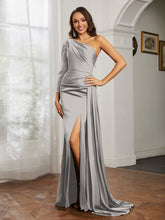 Sheath/Column One Shoulder Satin Prom Dress Silver