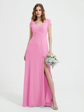 V-neck A-line Chiffon Dress With Slit Candy Pink