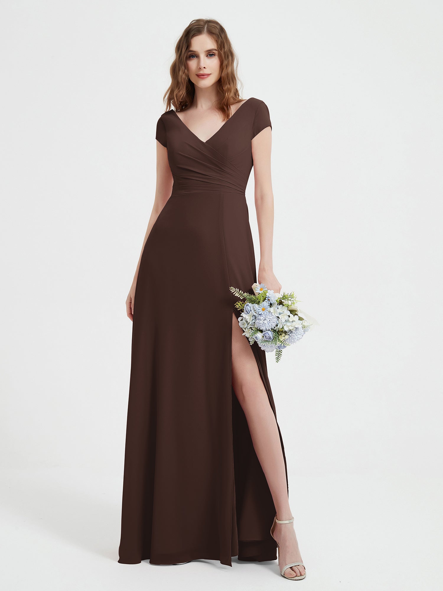 A-Line V-neck Floor-length Dress With Silt Chocolate