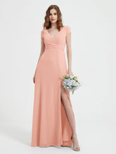 V-neck A-line Chiffon Dress With Slit Coral