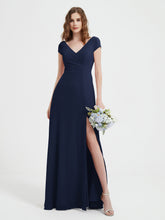 V-neck A-line Chiffon Dress With Slit Dark Navy