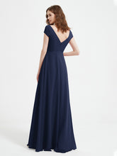 V-neck A-line Chiffon Dress With Slit Dark Navy