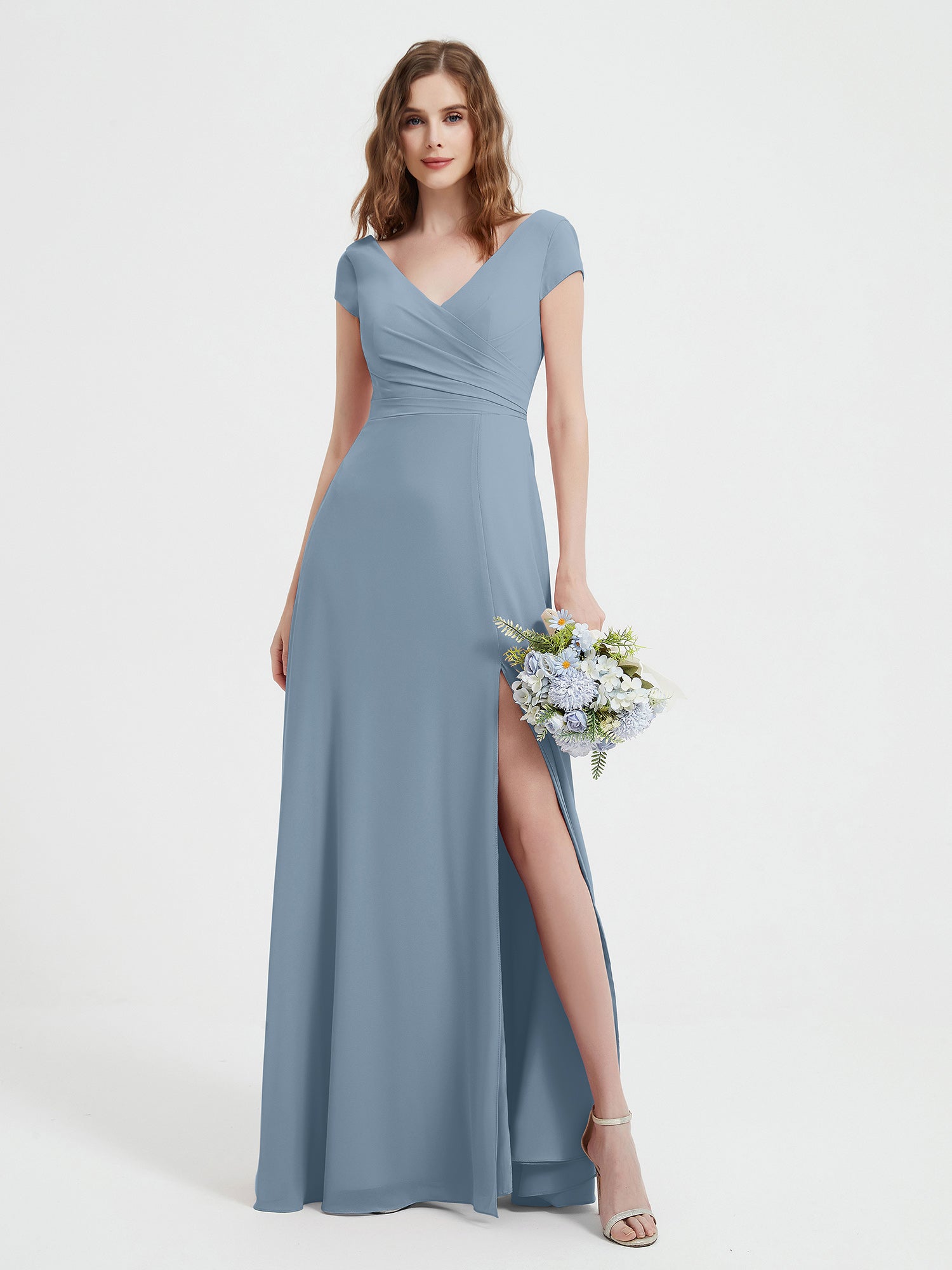 Lace Top Chiffon Skirt Dresses with Slit Dusty Blue