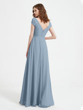 V-neck A-line Chiffon Dress With Slit Dusty Blue