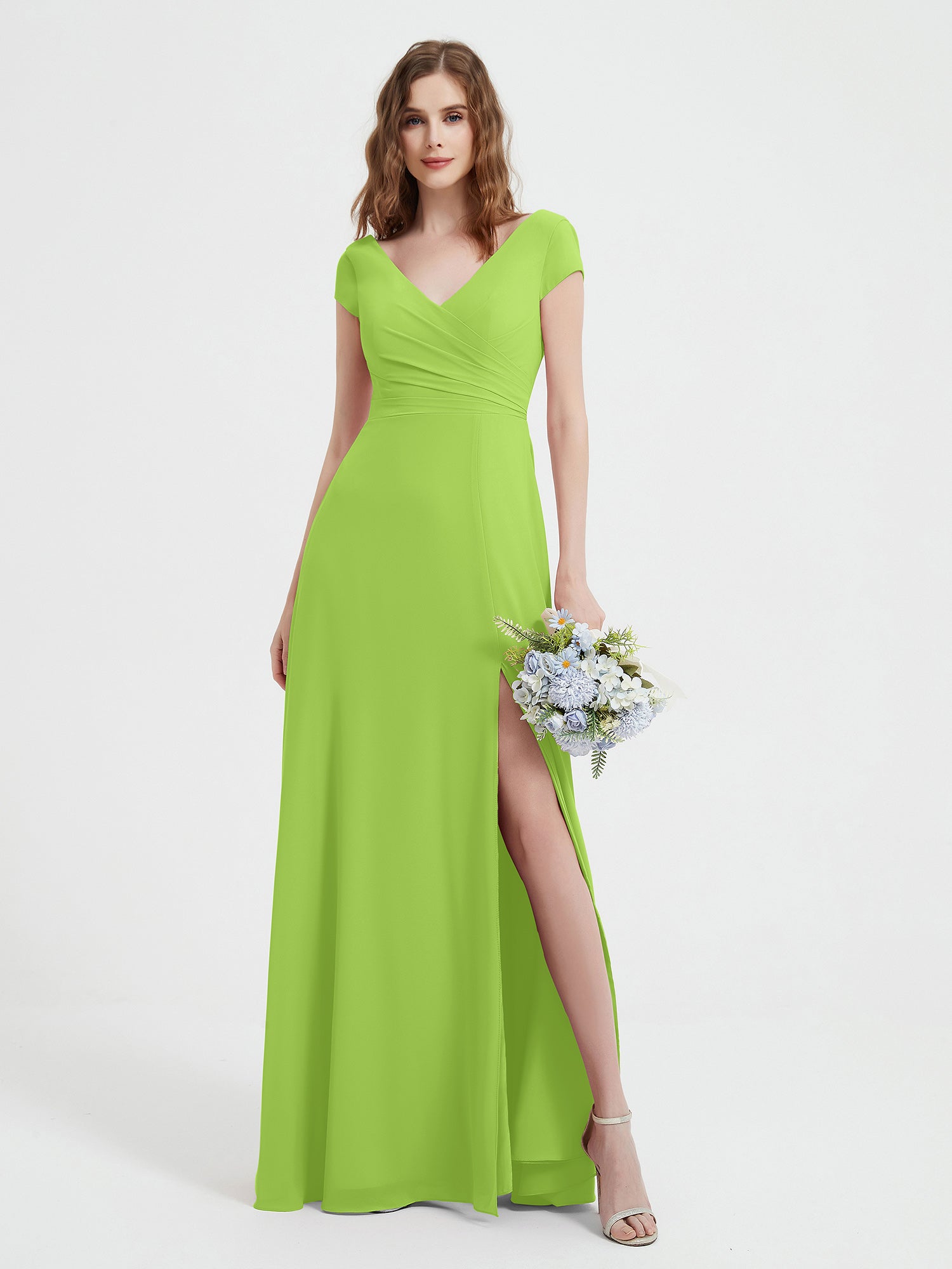 V-neck A-line Chiffon Dress With Slit Lime Green Plus Size  BABARONI
