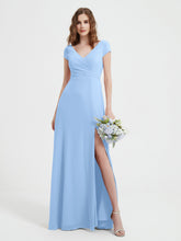 V-neck A-line Chiffon Dress With Slit Sky Blue