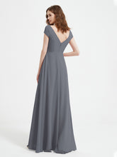 V-neck A-line Chiffon Dress With Slit Steel Grey