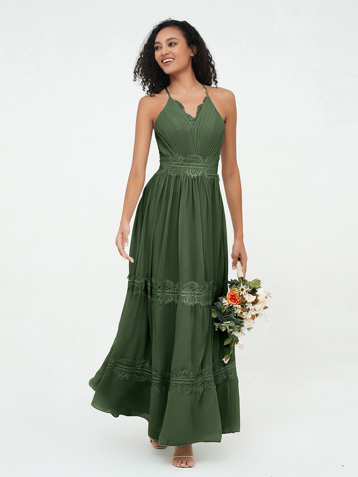 V-Neck Floor-Length Chiffon Lace Dress Olive Green Plus Size
