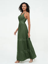 Lace and Chiffon Tiered Skirt Boho Dresses-Olive Green