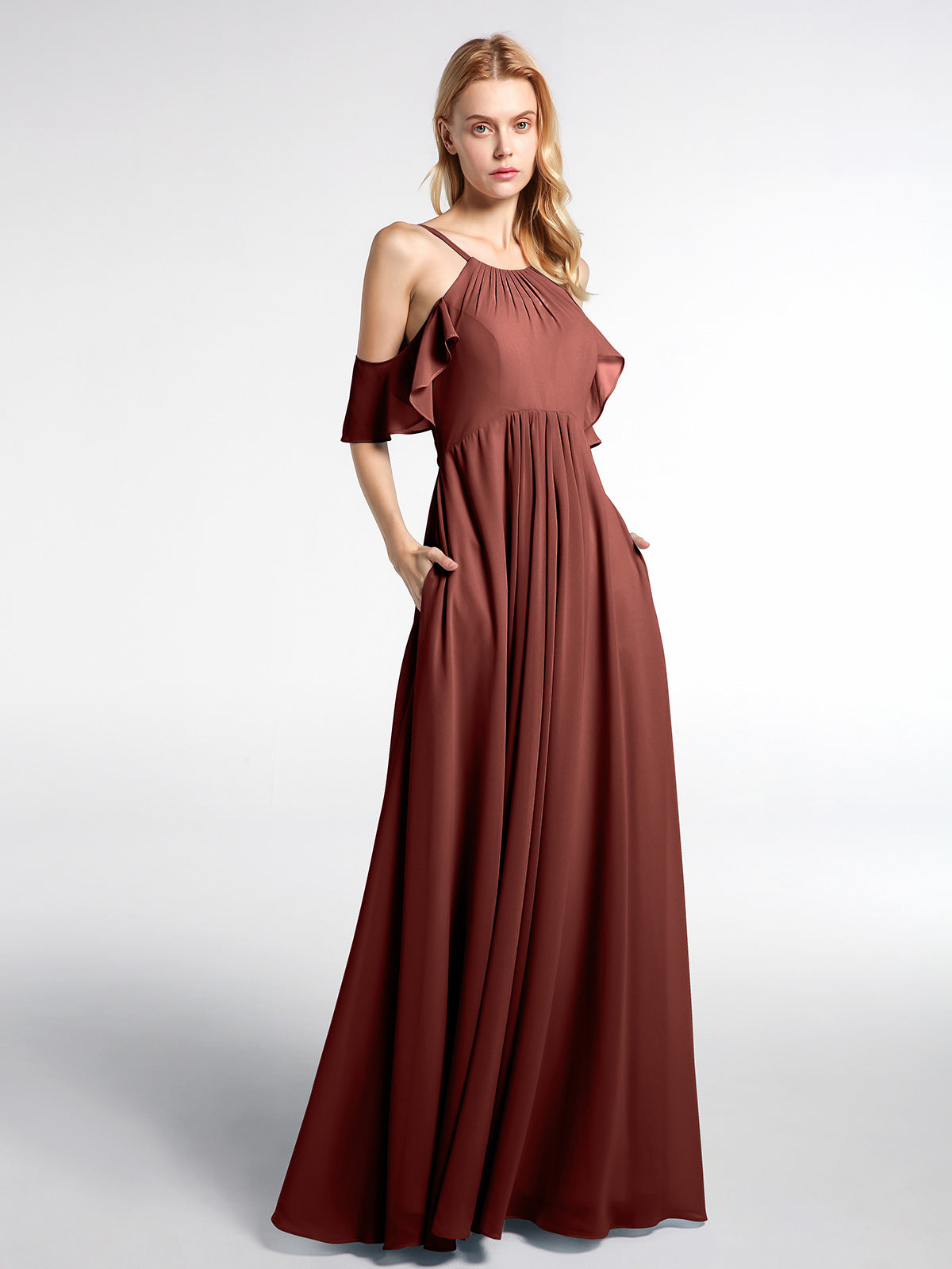 One-Shoulder Chiffon Long Dresses with Belt Terracotta