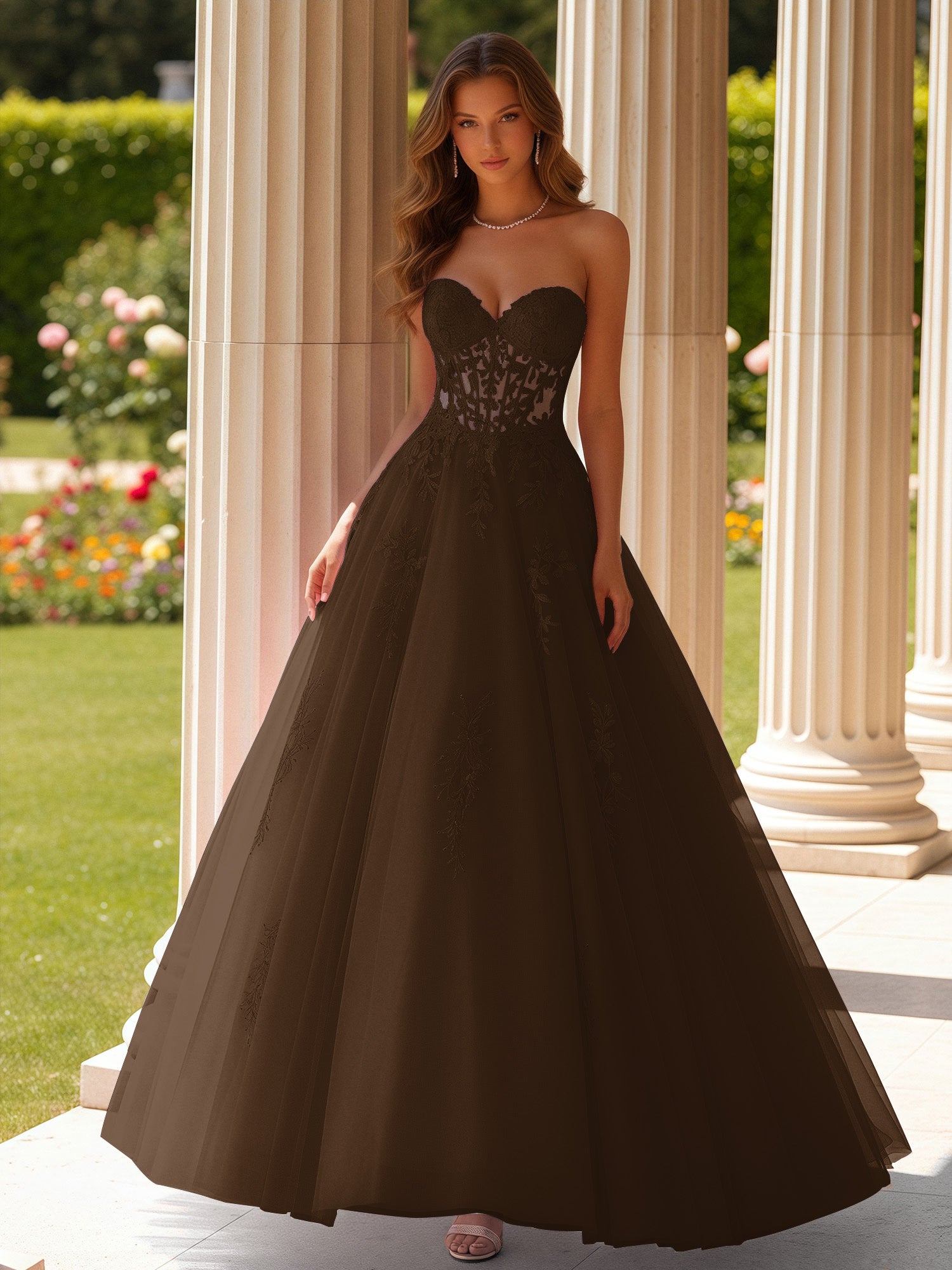 BABARONI Tulle Brown Prom Dresses Ball Gown Sweetheart Lace Appliqued