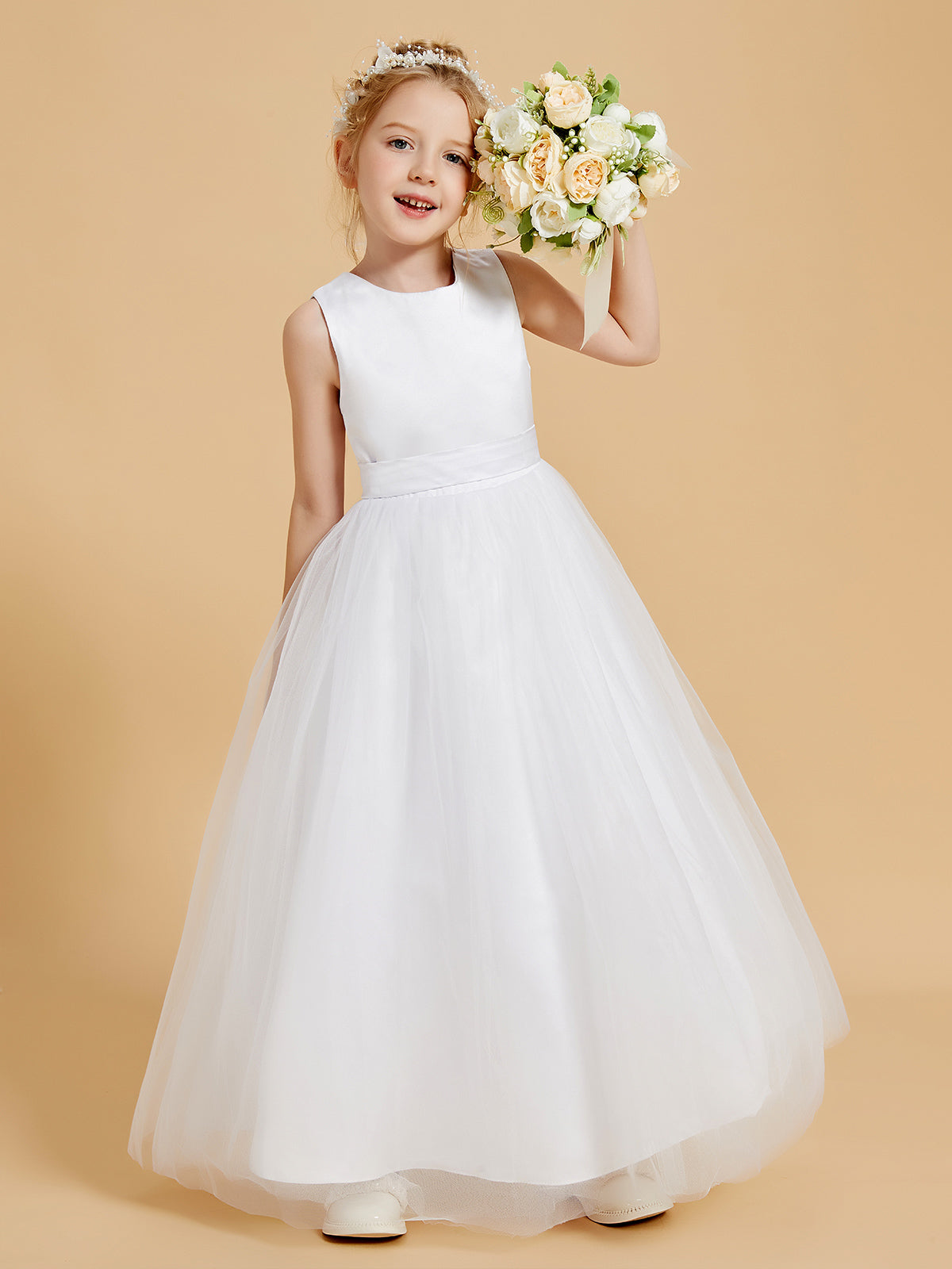 BABARONI Stunning Satin Flower Girl Dresses with Tulle Overlay and Open Back