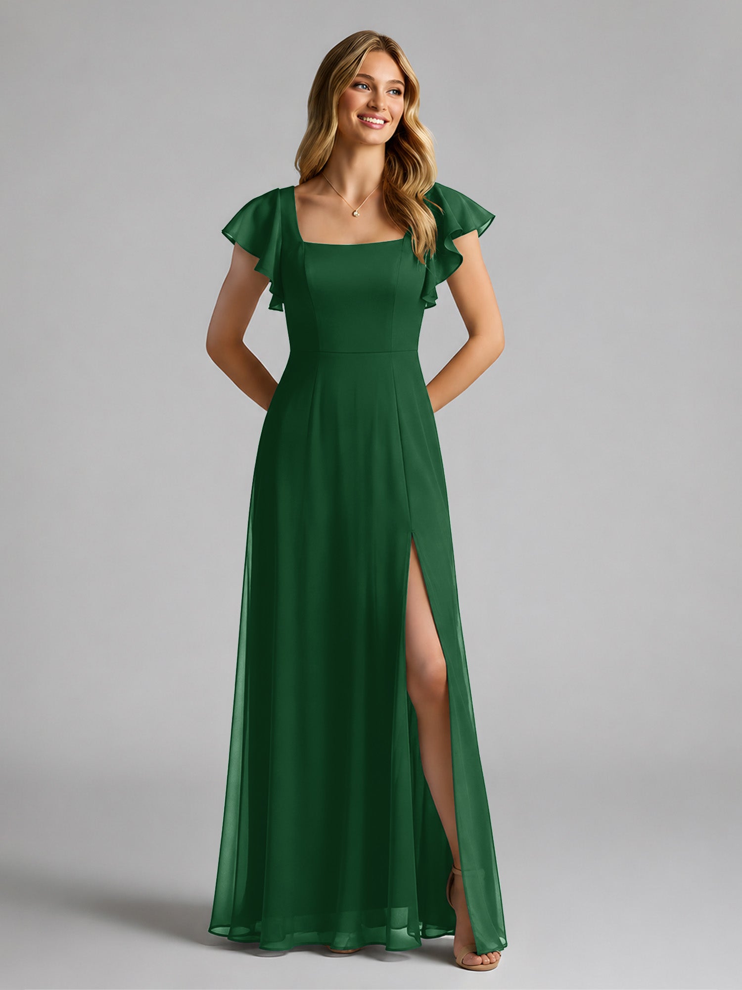 BABARONI Green Chiffon Bridesmaid Dresses Square Neck Flutter Sleeves Wedding Party Gown with Slit