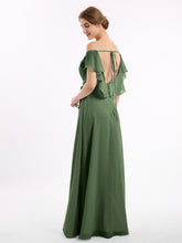 Cap Sleeves Chiffon Bridesmaid Dresses with Slit Olive Green