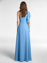 One Shoulder Chiffon Maxi Dress with Cascade-Blue