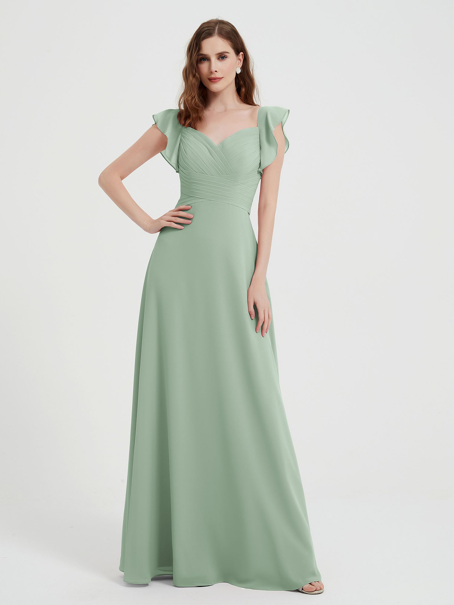 BABARONI Chiffon Agave Bridesmaid Dresses Sweetheart Floor-length Flutter Sleeves Ruffle Pleated A-line, Agave / US0