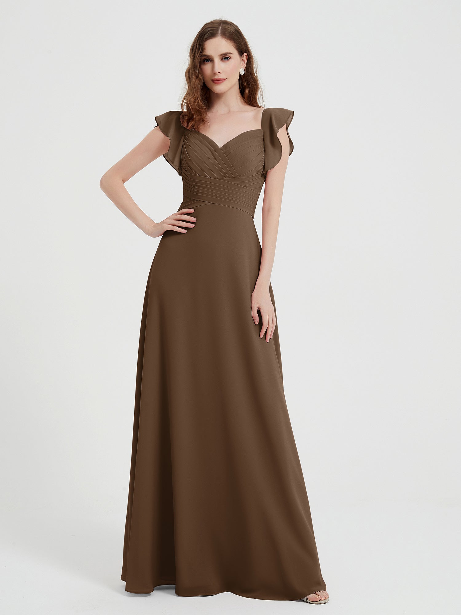 Chiffon Dresses with Square Neck and Fluttering Sleeves Chocolate