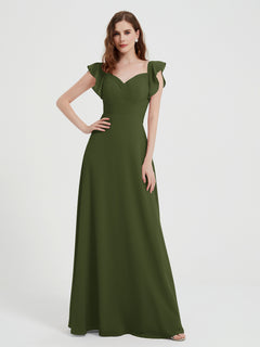 Sweetheart Flutter Sleeves Chiffon Dress Olive Green