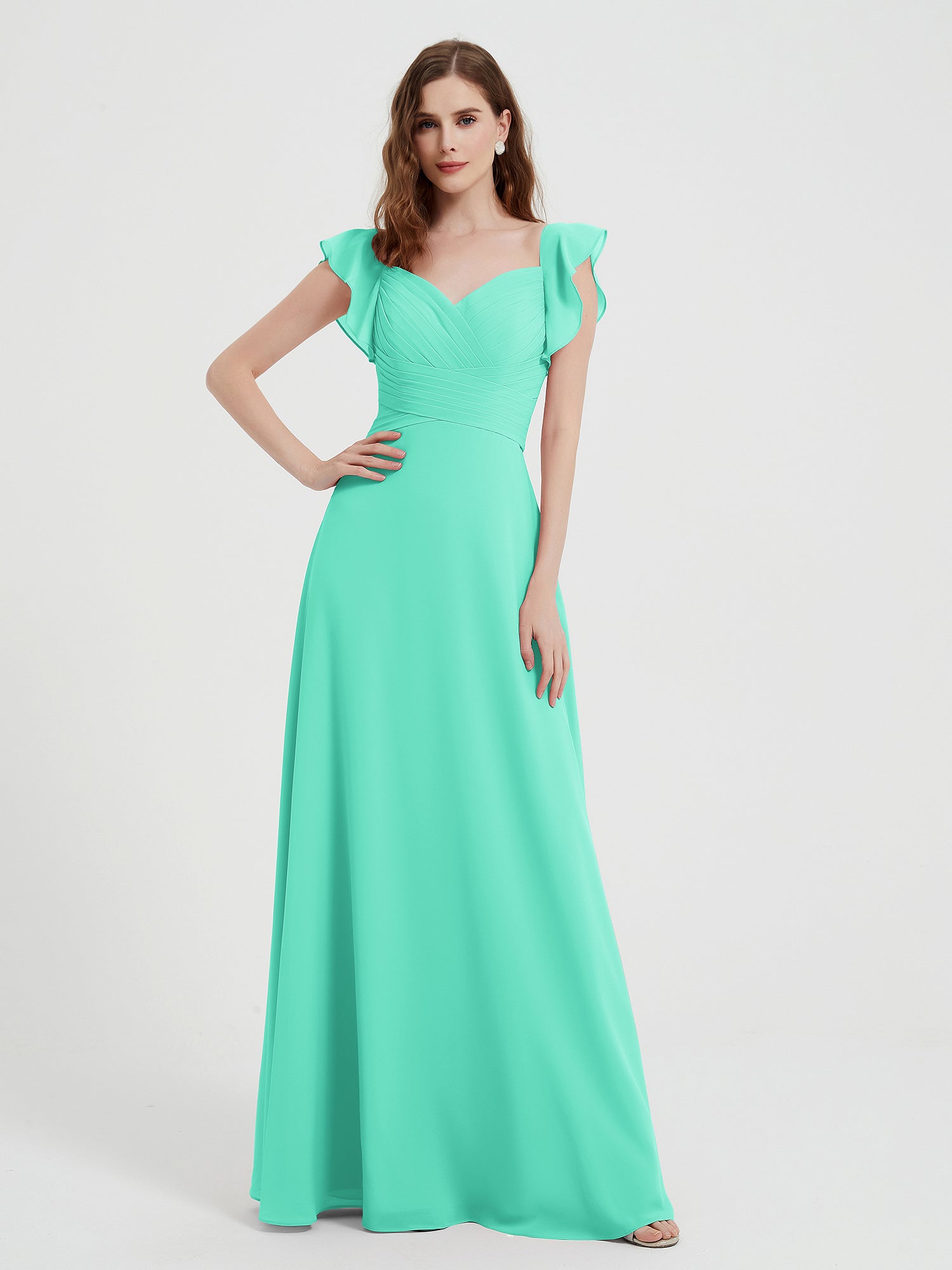 BABARONI Chiffon Spa Bridesmaid Dresses Sweetheart Floor-length Flutter Sleeves Ruffle Pleated A-line, Spa / US0
