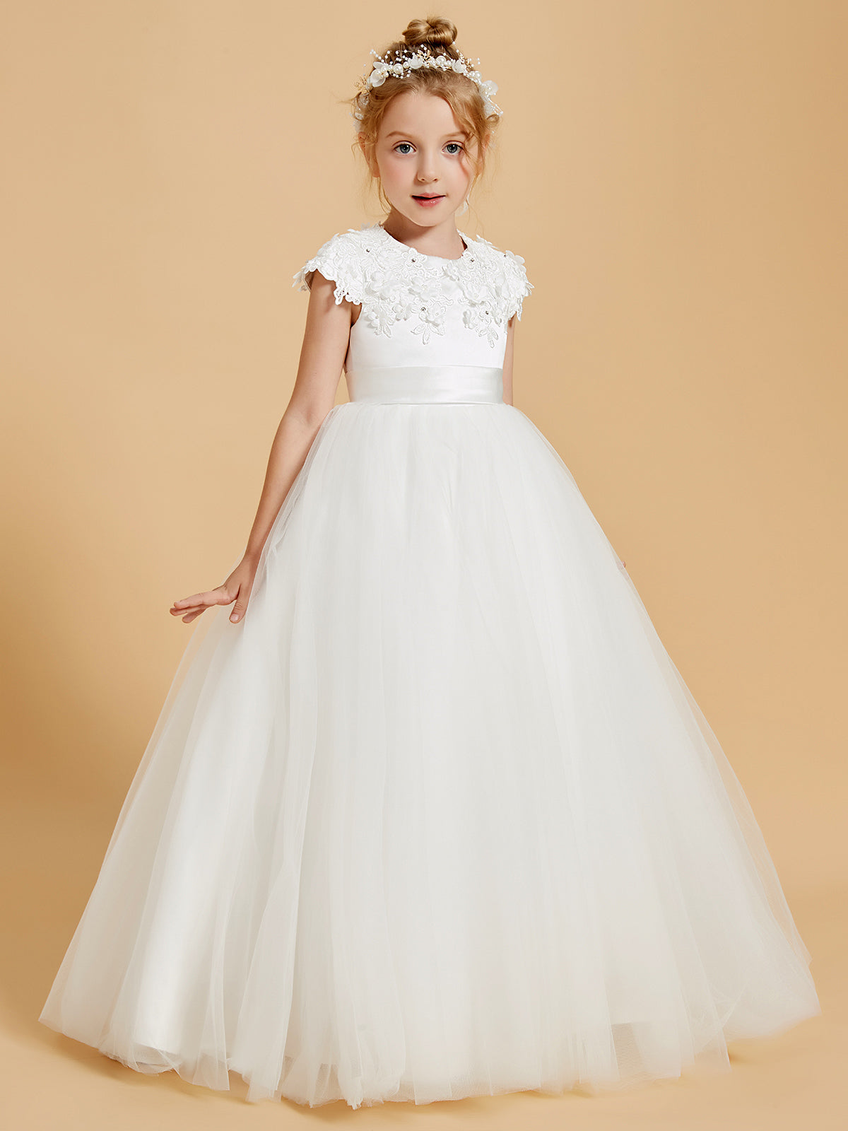 BABARONI Graceful Flower Girl Dresses with Lace Applique and Cap Sleeves