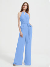 Halter Neckline Sleeveless Pleated Jumpsuit With Sash Blue