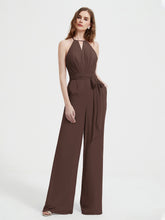 Halter Neckline Sleeveless Pleated Jumpsuit With Sash Chocolate
