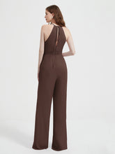 Halter Neckline Sleeveless Pleated Jumpsuit With Sash Chocolate